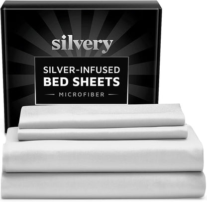 Silvery Silver Infused Bed Sheets Set - Ultra-Soft Temperature-Regulating Fabric with Self-Cleaning Technology™ That Stays Fresh 3X Longer for Hygienic Sleep (White, Queen)