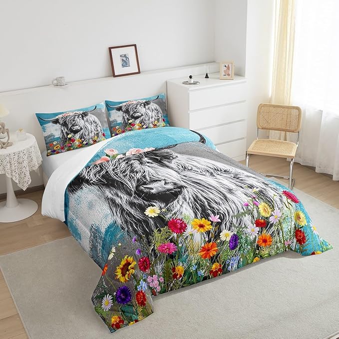 Feelyou Highland Cow Comforter Set Bull Cattle Floral Print Comforter for Kids Girls Teens Decor Cute Animal Wildlife Farmhouse Bedding Set Teal Grey Quilt Set with 2 Pillowcases 3Pcs Bedding Full