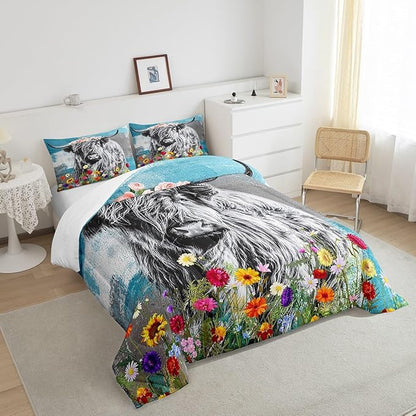 Feelyou Highland Cow Comforter Set Bull Cattle Floral Print Comforter for Kids Girls Teens Decor Cute Animal Wildlife Farmhouse Bedding Set Teal Grey Quilt Set with 2 Pillowcases 3Pcs Bedding Full