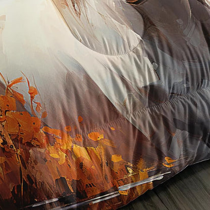 White Brown Horses Comforter Set King Size,Watercolor Painting Autumn Leaves Bedding Set for Kids and Adults Bedroom Horse Decor,Natural Scenery Aesthetics Comforter Set with 2 Pillowcases.
