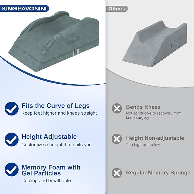 KingPavonini Adjustable Leg Elevation Pillows for After Surgery with Ergonomic Curve, Cooling Memory Foam Leg Pillow for Knee Surgery Recovery, Wedge Pillow for Legs, Back Pain Relief (Double Leg)