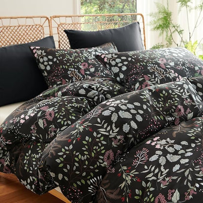 Floral Duvet Cover Twin 2 Pieces Elegant Flower Bedding Set Farmhosue Aesthetic Bedding Soft Microfiber Black Duvet Cover Set with 1 Pillowcase