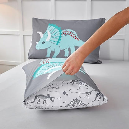 RYNGHIPY Dinosaur Kids Comforter Set Cartoon Dinosaur Bedding Sets for Boys 3 Pieces Queen Microfiber Comforter with Pillowcases Soft Lightweight (Dark Grey,Queen)