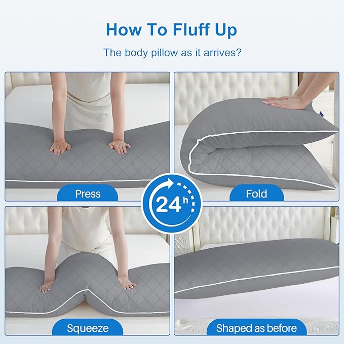 YZ HOME Long Body Pillow for Adults - Firm Body Pillow Insert with Shredded White Memory Foam, Adjustable Height, Soft Support for Side Sleeping, Pregnant Women, Washable (Grey, 20x54 Inch)