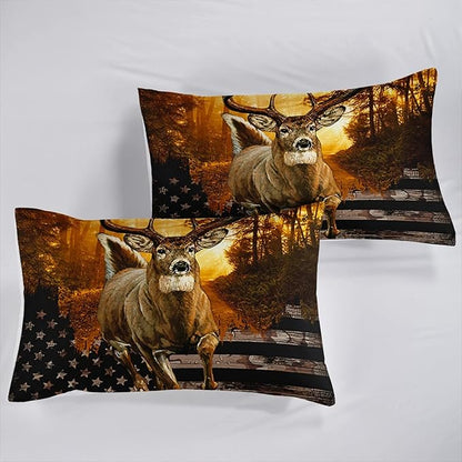 CVHOUSE Deer Hunting Duvet Cover Queen Size,American Flag Bedding Set,Deer Theme Comforter for Boys Kids Teens,1 2 Pillowcases 3 Piece Queen 89'x89'