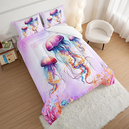 HOSIMA Pink Jellyfish Comforter Set King Size for Adults Kids,Marine Life Theme Bedding Set,The Underwater World Watercolor Tie Dye Bedding Room Decor for Girls with 2 Pillowcases.