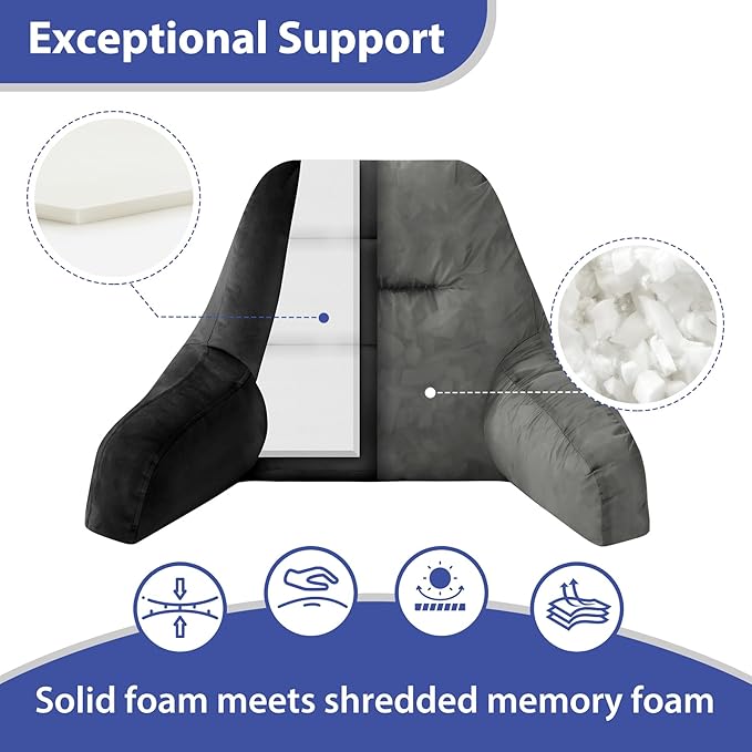 Reading Pillows for Sitting in Bed Adult, Back Pillow for Bed Sitting Up, Backrest Pillows with Shredded Foam for Adult&Teens, Support Pillow with Arms for Beds, Couch, Floor, 20in, Black