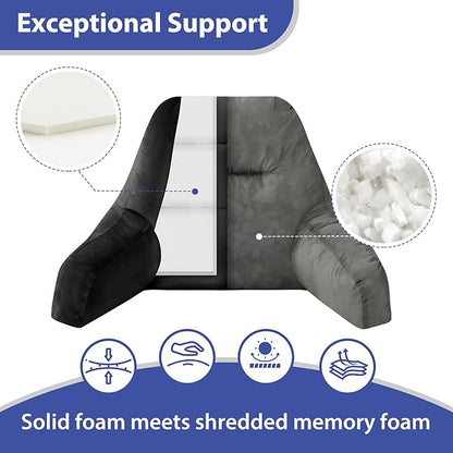 Reading Pillows for Sitting in Bed Adult, Back Pillow for Bed Sitting Up, Backrest Pillows with Shredded Foam for Adult&Teens, Support Pillow with Arms for Beds, Couch, Floor, 24in, Black