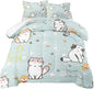 Cat Bedding Set Twin Size, Cartoon Cats Comforter for Girls Kids Teens, Blue Lovely Quilt Animal Pattern Comforter Set Soft Breathable Cute Duvet Set for All Season 2Pcs with Pillowcase