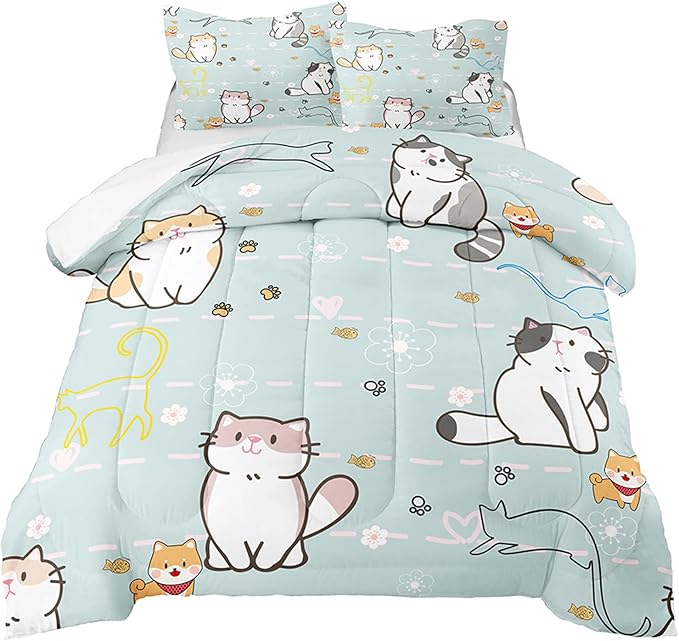 Cartoon Cat Bedding Set, Girls Super Soft Comforter Set Queen Size, Cute Cats Printed Quilt for Kids Teen, Lovely Blue Microfiber Comforter for All Season 3Pcs with Pillowcases