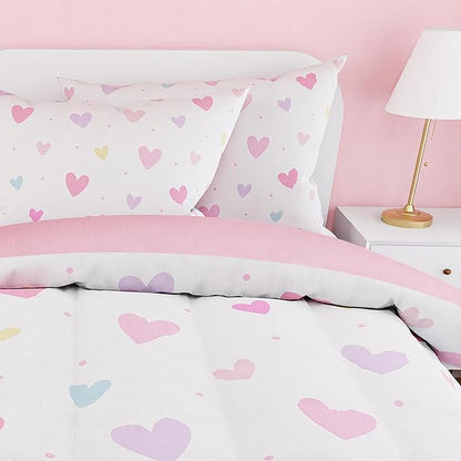 SANDJEST Heart Comforter Set Full Size 98x86in for Kids Girls, Microfiber 4 Pcs Bedding Set Includes 1 Comforter, 2 Pillowcases, 1 Fitted Sheet, Nursery Room Decor