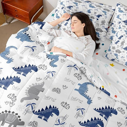 Feelyou Cute Dinosaur 7 Piece Bedding Set Blue Grey Dinosaur Comforter Set with Sheets for Kids Boys Girls Nutrue Palm Tree Bed in a Bag Animal Theme Bed Set Soft Lightweight