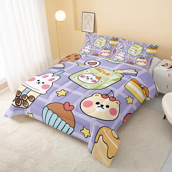 QOOMO Kawaii Bear Comforter Set for Kids Teens Girls Women,Cute Bear Kids Bedding Set,1 Comforter with 2 Pillowcase, Microfiber 3 Piece Bedding Set,for All Seasons，King Size