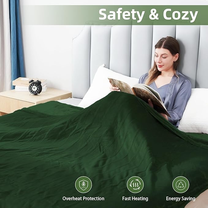 Electric Heated Blanket Full Size 72”x84”,Cozy Soft Warmth with 5 Heating Settings 10 Hours Auto-Off, Long Cord Energy-Saving, for Bed, Fast Heating Machine Washable, Green
