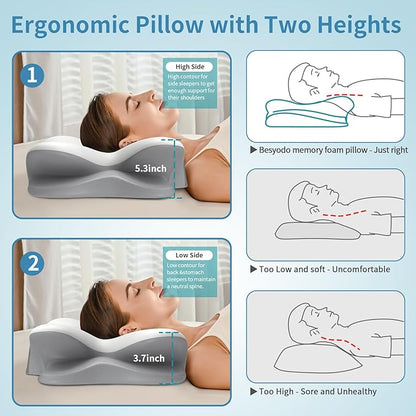 Cervical Neck Pillow for Pain Relief - Ergonomic Side Sleeper Pillow for Neck Support, Cooling Memory Foam Pillows for Sleeping, Contour Pillow Orthopedic Bed Pillow for Back Stomach Sleepers