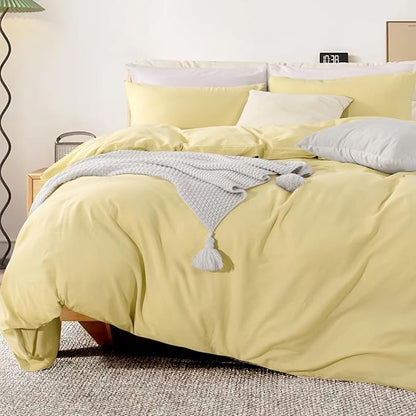 NEXHOME PRO Duvet Cover Set 100% Washed Cotton California Kingn 104"x98", Organic Natural Linen Look Textured 3 Pieces Bedding Set Cream Yellow with Zipper Closure, Breathable