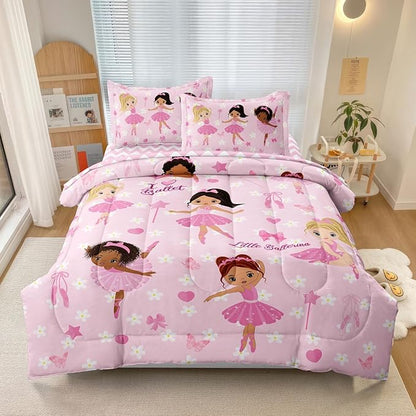 Full Bedding Set for Girls Kids 5 Pieces Comforter Sets Bed in a Bag Pink Floral Ballerina Bedding Comforter Sheet Set Cute Bedroom Decor