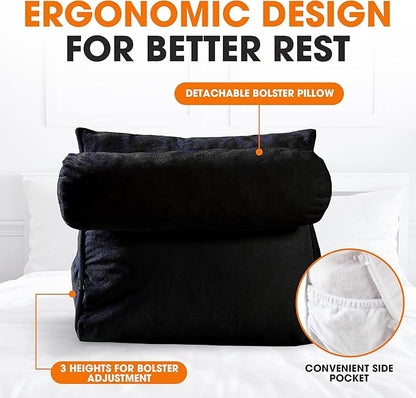 Cheer Collection Reading Wedge Pillow – TV Pillow with Adjustable Bolster Pillow, Memory Foam Back Support for Couch & Bed, Pillow Chair for Bed, Reading Pillows for Adults & Kids, Black