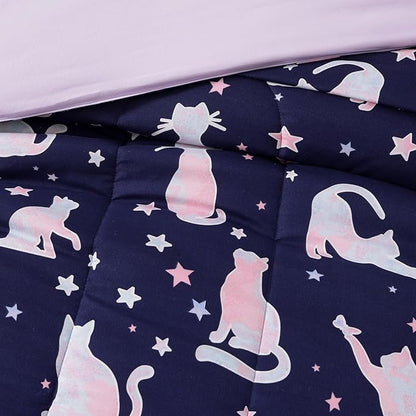 Full Size Comforter Set for Girls-4 Pieces Cat Patterns Full Bedding Set with 1 Comforter, 1 Decor Pillow &2 Pillow Shams