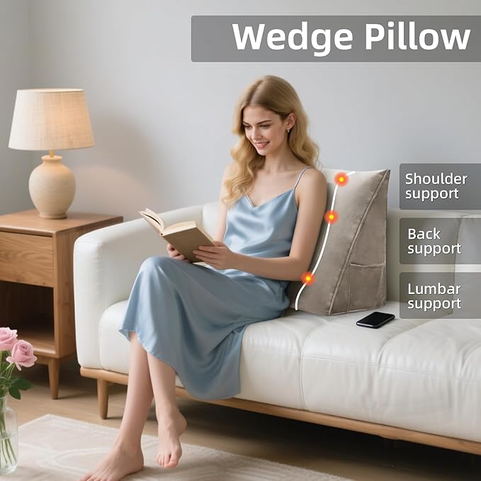Wedge Headboard Reading Pillow for Bed Velvet Triangular Backrest Bolster Pillow for Sitting Up Daybed Cushion Lumbar Body Support Positioning for Headboard, Couch, Dorm, Camel