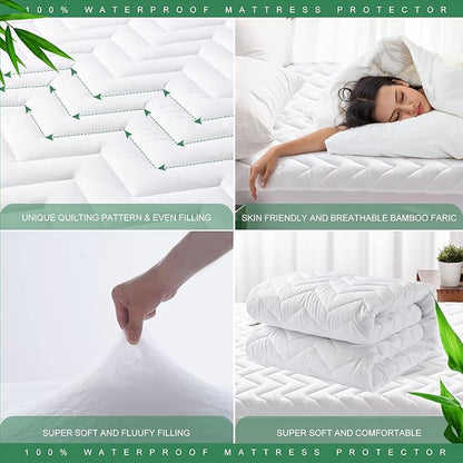 Unilibra Full Size Waterproof Mattress Pad Rayon Made from Bamboo, Quilted Breathable Mattress Protector, 6''-19'' Deep Pocket Fitted Mattress Cover White