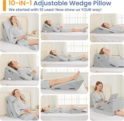 Sasttie Wedge Pillow Set for After Surgery, 3PCS Adjustable Bed Wedge Pillow Headboard with Memory Foam Neck Cushion – for Acid Reflux, Sleeping, Neck & Back Support, Light Grey
