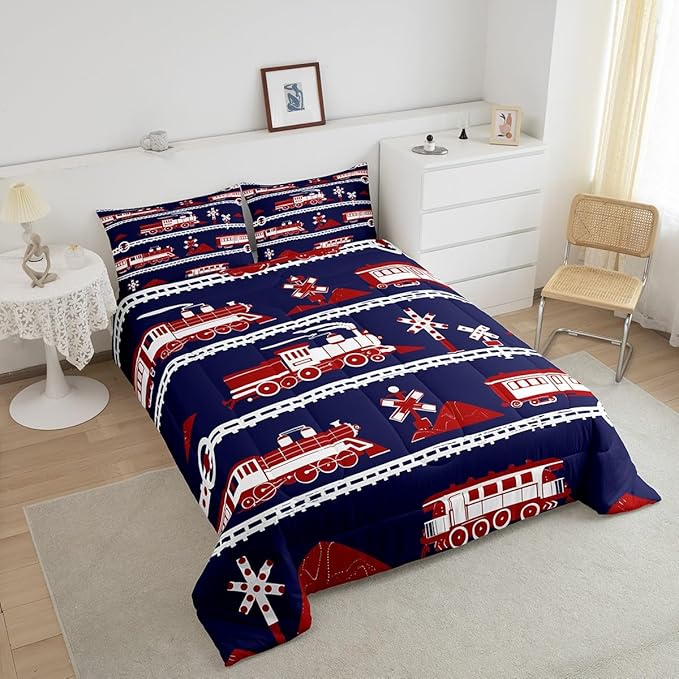 Erosebridal Train Comforter Set Cartoon Car Toddler Bedding, Traffic Transportation Track Comforter for Kids Teens Vintage Steam Engine Railway Decor Quilt Set Room Full 3Pcs, Navy Blue Red White