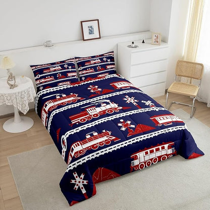 Erosebridal Train Comforter Set Cartoon Car Toddler Bedding, Traffic Transportation Track Comforter for Kids Teens Vintage Steam Engine Railway Decor Quilt Set Room Full 3Pcs, Navy Blue Red White