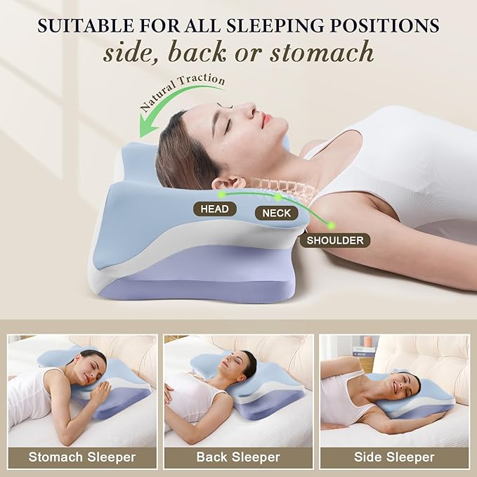 Cervical Pillow for Sleeping - Cooling Ergonomic Memory Foam Pillows for Neck Pain Relief, Contour Neck Support Pillow for Side, Back, Stomach Sleepers with Anti-Pilling Pillowcase (Sky Blue)