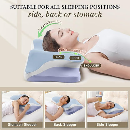 Cervical Pillow for Sleeping - Cooling Ergonomic Memory Foam Pillows for Neck Pain Relief, Contour Neck Support Pillow for Side, Back, Stomach Sleepers with Anti-Pilling Pillowcase (Sky Blue)