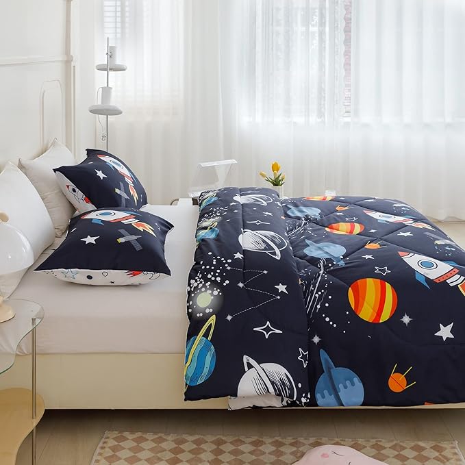 RYNGHIPY Kids Comforter Set Twin Size Cute Rocket Bedding Set for Boys Girls Space Themed Teen Boy Bedding (Space Rocket,Twin)