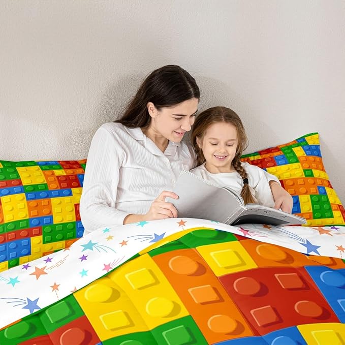 Feelyou Games Comforter Set Toddler Building Blocks Bedding Set for Kids Boys Girls Colorful Geometric Toy Brick Comforter Gaming Nursery Quilt Duvet Set with 1 Pillowcase Boys