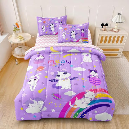 Kids Bedding 5-Piece Cat Comforter Sets Twin Size, Purple Bedding Set for Teens Kids Girls Bed in a Bag Cute Room Decor