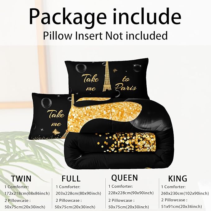 Black Gold Paris Eiffel Tower Comforter Set,Romantic Paris Queen Comforter Set for Women Couple,Girls Butterfly Eiffel Tower Print Bedding Set,Modern French Paris Quilt Set