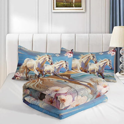 Western Farmhouse Horse Comforter Set,Pink Cherry Blossoms Bedding Sets for Kids Teens Girls Room Decoration,Coastal Beach Theme Bedding King Size Comforter Sets for Girls with 2 Pillowcases.