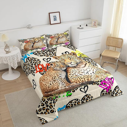 Leopard Comforter Set King Size,Family Cheetah Bedding Set 3pcs for Kids Teens Boys Room Decor, Africa Wild Animals Quilt Set Fashion Watercolor Graffiti Heart Duvet Insert with 2 Pillowcases