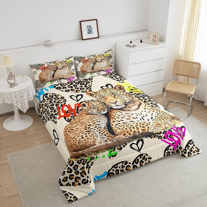 Leopard Comforter Set Twin Size,Cheetah Family Bedding Set 2pcs for Kids Teens Adults Room Decor,Wild Animals Skin Quilt Set Fashion Watercolor Graffiti Heart Quilt Duvet with 1 Pillowcase