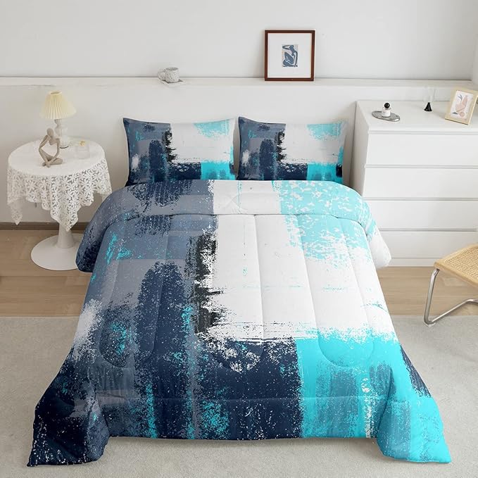 Abstract Comforter Modern Abstract Art Comforter Set for Boys Girls Children Teal Blue Grey Pattern Bedding Set Room Decor Toddler Size Duvet Set 2Pcs