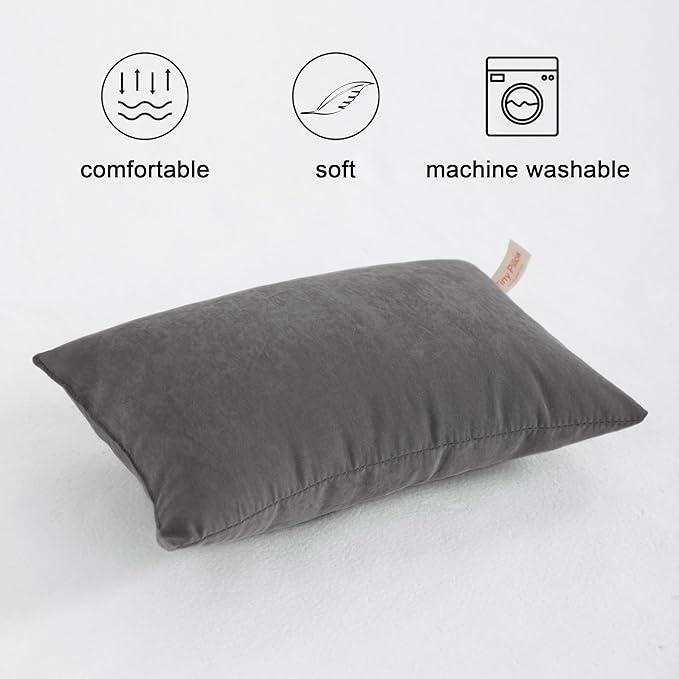 FLXXIE 2 Pack Microfiber Small Mini Pillows, 11x7 Inches, Soft Washable Travel Nap Pillows, Dark Grey