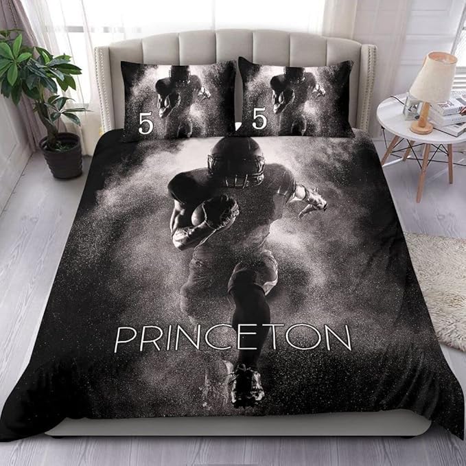 Personalized American Football Bedding Set, Kids 3 Piece Duvet Cover Set with Pillow Shams for Teens Boys, NO Comforter, Twin Size for Rugby Lovers (Football 17)