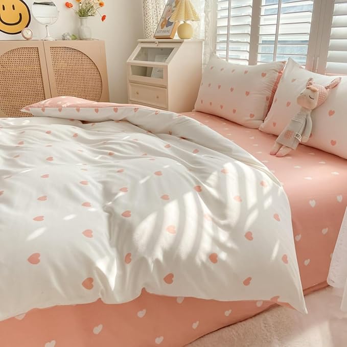 Blush Pink Duvet Cover Set Queen Heart Bedding Set Cute Love Heart Bedding 3Pcs Girls Reversible White Pink Duvet Cover with Zip and 2 Pillowcases（No Comforter）
