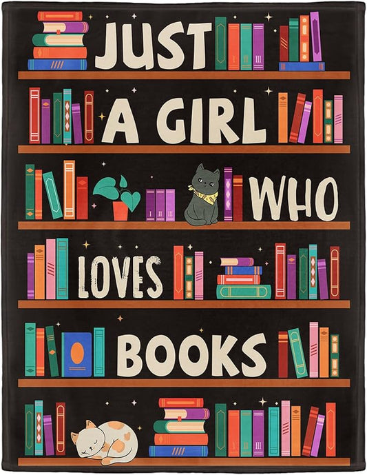 Reading Lover Blanket, Just A Girl Who Loves Books Blanket, Soft Warm Cozy Fleece Throw, Gifts for Girls Women Kids, 40"x50", Black