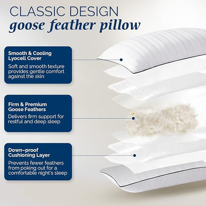 downluxe Goose Feather and Down Pillows - Hotel Collection Feather Pillows for Back, Stomach or Side Sleepers, Bed Pillows Queen Size Set of 2 (20"x28")