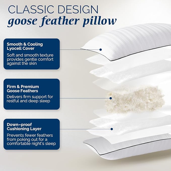 downluxe Goose Feather and Down Pillows - Hotel Collection Feather Pillows for Back, Stomach or Side Sleepers, Bed Pillows King Size Set of 2 (20"x36")