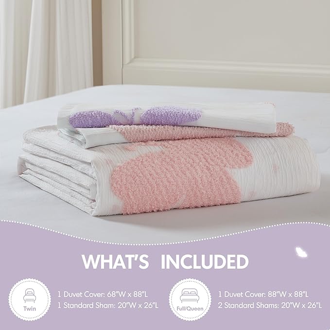 Intelligent Design Kids Rio Twin Duvet Set – Girls’ Reversible Tufted Chenille Bedding with Pastel Purple Butterflies and Pink Dot, 2pcs