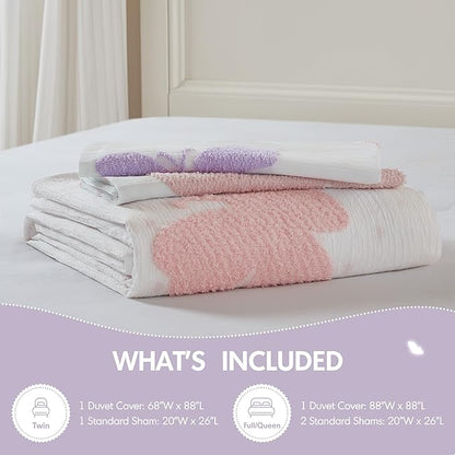 Intelligent Design Kids Rio Twin Duvet Set – Girls’ Reversible Tufted Chenille Bedding with Pastel Purple Butterflies and Pink Dot, 2pcs