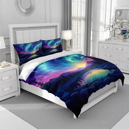 Aurora Duvet Cover Set Full Colorful Aurora Printed Astronomical Nature Landscape Soft Bedding Comforter Cover and 2 Pillow Shams for Boys Girls Kids Teens