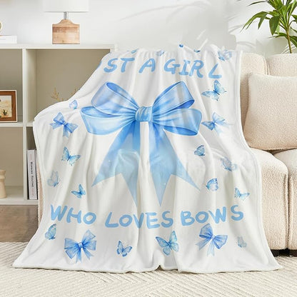 Bow Throw Blanket 60x80Inch Preppy Blanket Blue Bow Aesthetic Throw Blanket Coquette Flannel Soft Bow Plush Preppy Room Decor for Girls Women Birthday