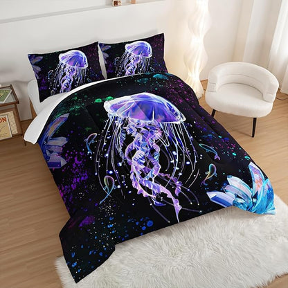 HOSIMA Ocean Theme King Size Comforter Set 3 Piece,Deep Sea Treasure Crystals Jellyfish Comforter Preppy Bedding Set,Dreamy Marine Life Colored Ink Comforter Galaxy Bedding.