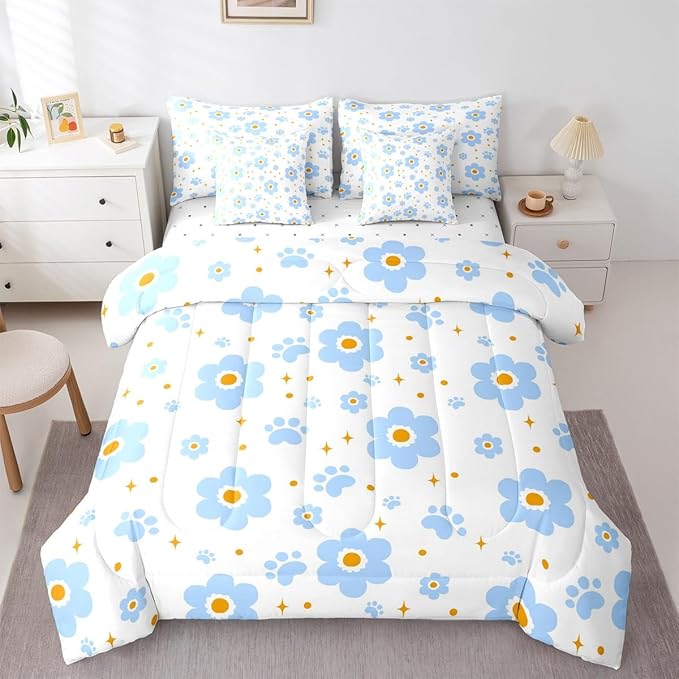 Feelyou Blue Flower 7 Piece Bedding Set Cute Dog Paw Print Comforter Set with Sheets for Kids Boys Girls Star Print Bed in a Bag Kawaii Bed Set Soft Lightweight